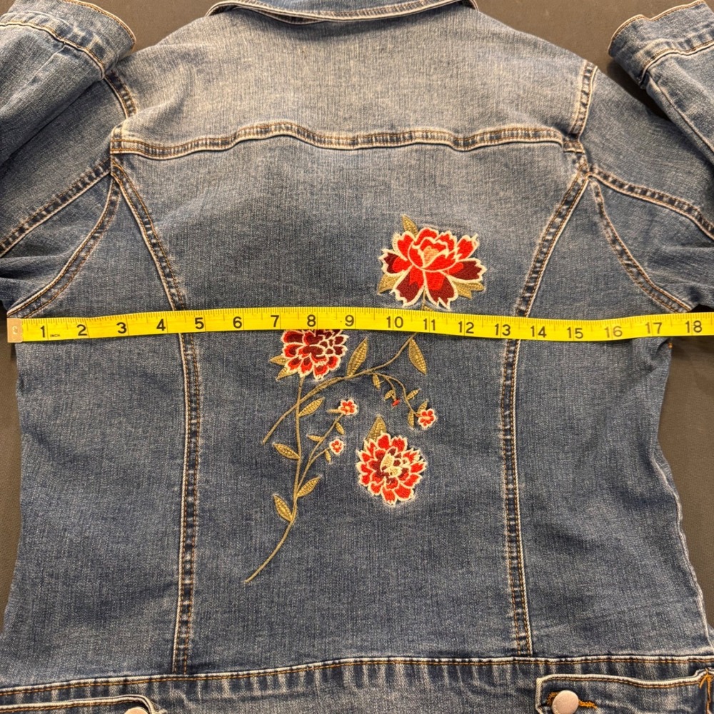 Romantic Floral Embroidered Western Cottagecore Denim Jean Jacket Stretch Sz M - Picture 13 of 13